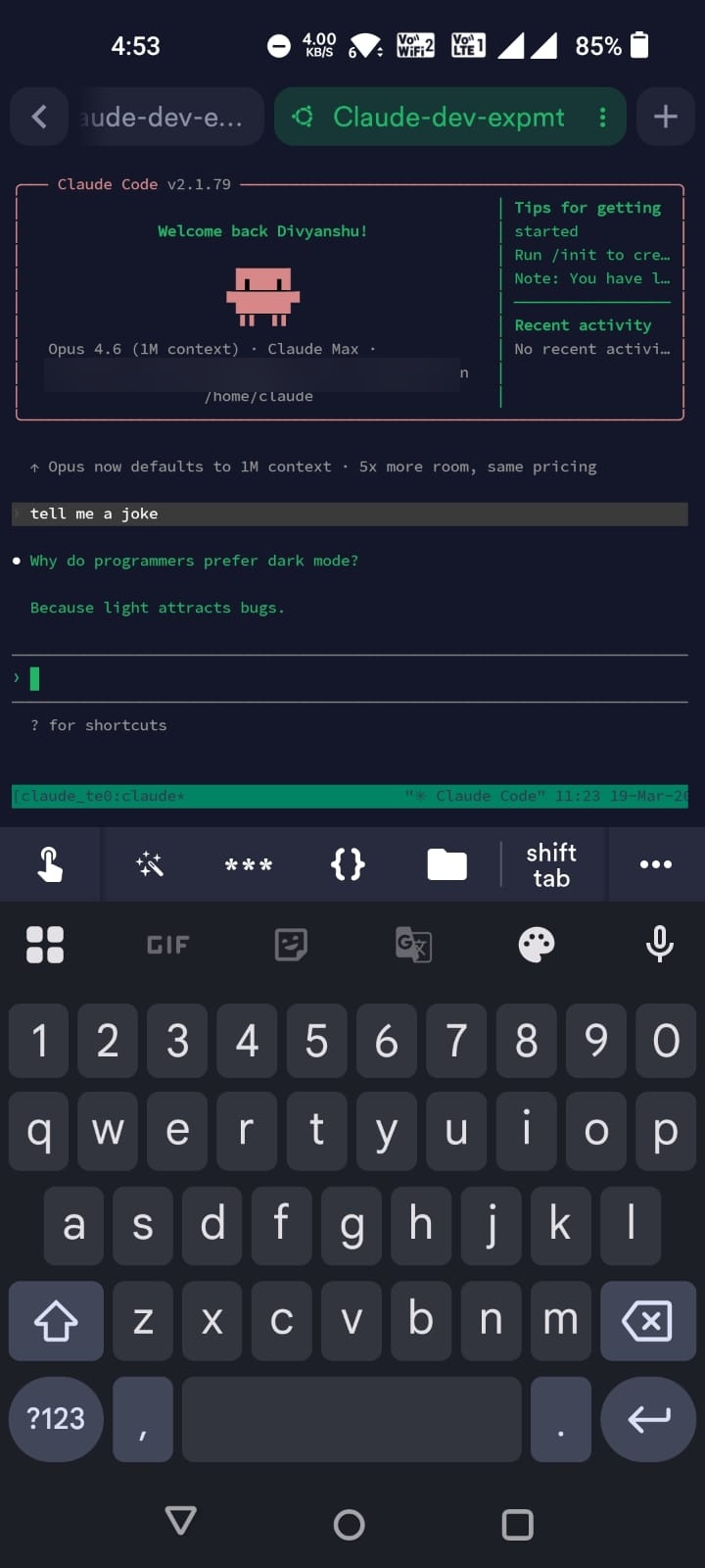 Claude Code running on phone via Termius